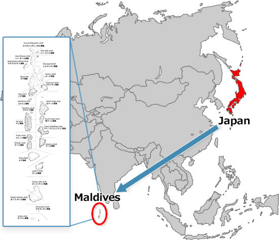 モルディブ地図：モルディブへは日本から飛行機で10時間ほど